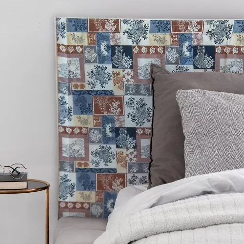 Panou textil tapițat pentru perete - model patchwork animale de pădure - albastru